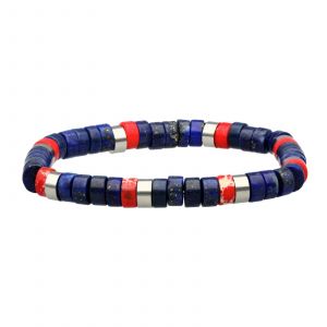 Bracelet Acier Perles Heishi 6mm Pierre Lapis Et Jaspe Rouge - Neuf
