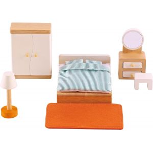 ERYI-- Chambre Parentale Pour Maison De Poupée En Bois - Accessoires Chambre Des Parents De Maison De Poupée - Enfant 3 Ans Et Plus - 9 Pièces En Bois Couverture, Oreillers, Tapis - Jeu De Rôle - Neuf