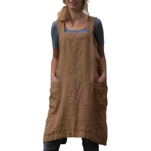 Tablier En Coton Et Lin, Croisé Dans Le Dos, Marron, Taille 2xl, Pour Femme, Avec Poches, Idéal Pour La Pâtisserie Et La Cuisine - Neuf