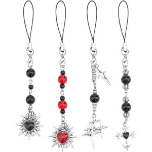 KALANKA-Lot de 4 pendentifs pour t&eacute;l&eacute;phone portable en forme de coeur et &eacute;toile - En alliage esth&eacute;tique - Sangle de cha&icirc;ne de t&eacute;l&eacute;phone portable - Perles mignonnes - D&eacute;coration pour sac, porte-cl&eacute;s - Neuf