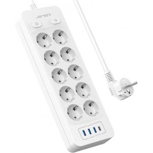 JGD-Multiprise 10 Prises avec 4 Ports USB Chargeur (5V3,1A/15,5W) Bloc Multiprises 16A avec Interrupteur Multiprises USB avec Cable 2m pour Smartphone, Maison, Bureau-Blanc - Neuf