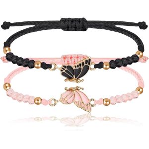 Eryi-2 Pièces De Bracelets D'amitié Bff, Bracelets Papillon Assortis, Bracelets D'amitié Faits À La Main, Bracelet Réglable Pour Meilleurs Amis, Cadeaux De Bijoux, Noir+Rose - Neuf