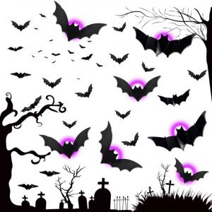 TRAHOO-3D Chauve Souris Violet LED autocollants, 24 Pi&egrave;ces Lumi&egrave;res chauve-souris violettes, Autocollants muraux 3D LED chauve souris, D&eacute;coration d'Halloween chauve souris LED, Pour D&eacute;coration hant&eacute;e - Neuf