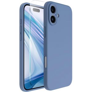 Pour Iphone 16 Coque, Cover Silicone Liquide De Haute Qualit&eacute; Pour Iphone 16 (6.1"") Avec 1 Verre Tremp&eacute;, Protection 360&deg;, Doublure En Microfibre Antichoc Case - Bleu Fran&ccedil;ais - Neuf