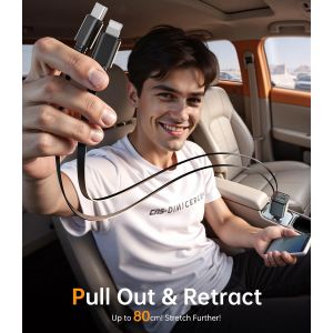 4 en 1 R&eacute;tractable Chargeur Voiture 69W Chargeur Voiture Allume Cigare USB C C&acirc;ble Magique & Rebond Instantan&eacute; Accessoires Voiture Chargeur de Voiture pour iPhone/Galaxy/iPad/Pixel,Gris - Neuf