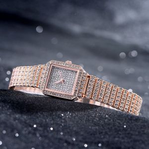 Montre A Quartz Analogique Bs Pour Femme, Bracelet En Alliage, Boitier Carre, Or Rose, Strass - Neuf