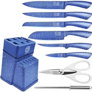 Oayew-Authentic Since 1986, Kitchen Knife Block Set, Stainless Steel Kitchen Knife Set With Knife Holder, Blue Color Meat Cleaver Paring Slicing Chef Knives Kitchen Cutlery - Neuf