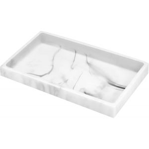 Plateau de Salle de Bain en r&eacute;sine, pour Commode, Bijoux, &eacute;vier de Cuisine, Parfum, Bougies, Savon, Serviette, Plantes, Accessoires de Salle de Bain (Taille M, Aspect marbre Blanc) - Neuf