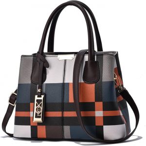 SJZG-Sac &Agrave; Main Femmes Sac Classique Pour Femme Sac Epaule Multicolore Sacs Bandouli&egrave;re Rayures Sacs Port&eacute;s Main En Pu Cuir Sac Crossbody Avec Pendentif Caf&eacute; - Neuf