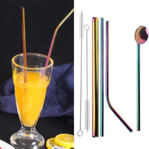 Hjlian Lot De 7 Pailles Reutilisables En Metal, Cuilleres, Pailles Droites Et Courbees, Brosse De Nettoyage Coloree - Neuf