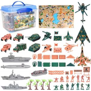 SANSH-Set Militaire de 56 Accessoires avec Carte, Figurines de Soldats, véhicules Militaires, Avions et Accessoires de Combat ¿ Superbe Jeu pour Les Petit aventuriers et aventurières - Neuf