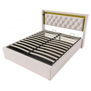 Lit coffre lit double led avec rangement et tête de lit usb type c lit de rangement lit d'adolescent 160x200 cm - Neuf