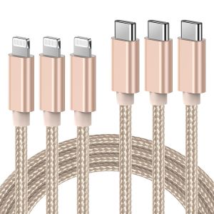 Thef-Câble Usb C Vers Lightning 2m, Chargeur Rapide Iphone Mfi Certifié Lot De 3 Câble Nylon Tressé,Usb C Cordon Power Delivery Compatible Avec Iphone 11 12 Pro Se 2020 X Xr Xs 8 Plus Ipad Pro,Or - Neuf