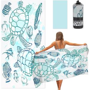 KAL-Serviette De Plage, Séchage Rapide & Anti-Sable, Drap De Plage, Serviette De Bain, Serviette Piscine Pour La Plage, Sport, Voyages, Sauna, Piscine, 80 X 160 Cm - Tortue De Mer - Neuf