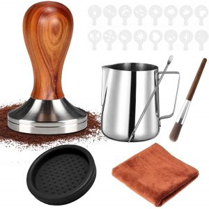 CMWS-Presse à Café en Acier Inoxydable 51mm, Tasseur avec Pot à Lait (350ml), Tampon, Espresso Tamper, Serviette de Barista, Stylo à Latte et Pochoirs Décoratifs - Neuf