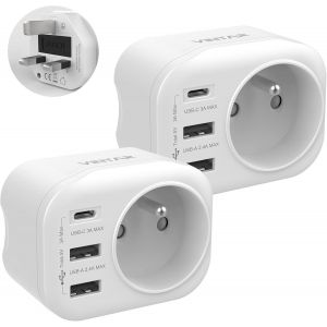 TLP-2PC Adaptateur Prise Anglaise UK Angleterre Fran&ccedil;aise Adaptateur de Voyage avec 2 USB-A et 1 USB-C 3A, Adaptateur Prise France vers UK Irlande Malaisie Singapour, Type G - Neuf