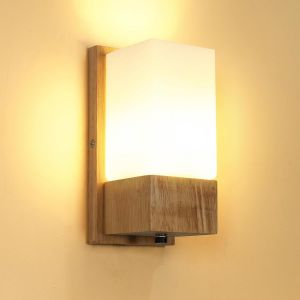 Subzonal-Applique Murale En Bois, Moderne E27 Lampe Murale Style Nordique, Applique Murale Abat-Jour En Verre Pour Chambre, Couloir, Salon - Neuf