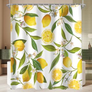 TIANYI-Rideau de douche 180 x 160 cm - Motif feuilles de citron - Ourlet lest&eacute; - Anti-moisissure - Imperm&eacute;able - Lavable - En polyester - Avec 12 ?illets et anneaux de rideau de douche - Pour salle - Neuf