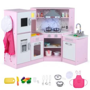 Cuisne Enfants XXL - COSTWAY en Bois-3 Ans+,17 Accessoires, Sons et Lumi&egrave;res, Tableau Noir, Cadeau Id&eacute;al Rose - Neuf