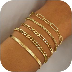 Eryi-5-6pcs Bracelet Or Pour Femme Chaîne Bracelet Plaqué Or 14k Bracelets Empilables Figaro Cubain Serpent Chaîne Bracelets Réglables Étanches Ensemble Bracelets Bijoux Or Pour Femmes - Neuf
