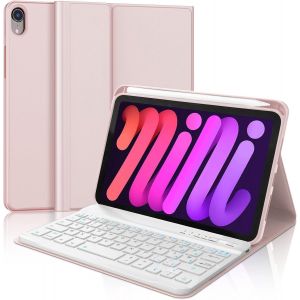 Coque Clavier pour iPad mini 7e G&eacute;n(A17 Pro, 2024) & 6e G&eacute;n(2021) 8.3"", AZERTY Fran&ccedil;ais Housse Clavier Bluetooth D&eacute;tachable avec Porte Crayon pour iPad mini 7e/6e G&eacute;n&eacute;ration 8.3 Pouces, Rose - Neuf