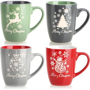ERYI-® 4X Tasses À Café En Céramique - Tasses À Café Au Design De Noël Moderne - Cafetières Pour Boissons Froides Et Chaudes - Tasses À Poignée Colorée 250 Ml (Rouge/Gris/Vert/Bleu - 250Ml) - Neuf