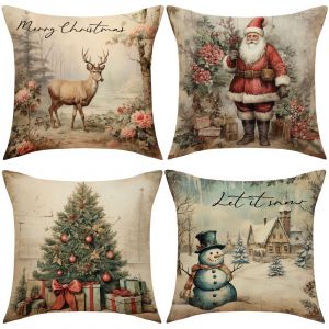 4 Pi&egrave;ces De No&euml;l Housse De Coussin 45x45cm, Linge De Canap&eacute; Housse De Coussin, Shabby Chic, Int&eacute;rieur, D&eacute;coration De No&euml;l, Coussins D&eacute;coratifs Pour Les Canap&eacute;s, D&eacute;coration De No&euml;l &Agrave; La Maison Salle - Neuf