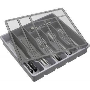 Chenquansarl-Range Couverts Pour Tiroir Avec Couvercle, Boîte De Rangement Couverts De Cuisine, Organisateur De Couverts En Plastique, Pour Cuillères Fourchettes, Couteaux, 6 Compartiments, Gris - Neuf