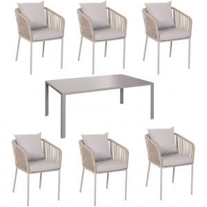 Salon De Jardin 6 Places En Aluminium Avec Table 180x80 Cm + 6 Chaises Corde Tress&eacute;e Et Coussins Gris 04_0010086 - Neuf