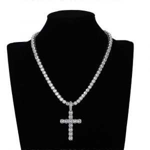 Mode Hip Hop Glacé Argent Cristal Strass Grande Croix Tennis Pendentif Ras De Cou Collier Collier Bijoux Pour Hommes Femmes - Neuf