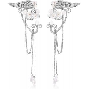 Kal-Oreille Elfe Boucles D'oreilles Pour Femme Argent Feuille Ailes D'anges Manchette Oreilles Elfes Boucles D'oreilles Clip Avec Perle Fleur Pour Halloween Cosplay Mariage Costume Elfe - Neuf