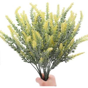 Lot de 4 fleurs artificielles floquées lavande réalistes pour mariage, fête, décoration extérieure, jaune - Neuf