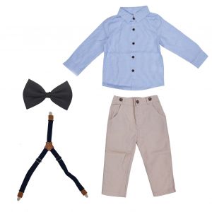 Tenue De Gentleman Pour Bebe Garcon, Ensemble Chemise A Rayures Exquise, Pantalon A Bretelles, Noud Papillon, Bleu Clair, 90 Cm - Neuf
