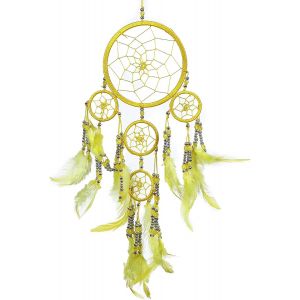 Sjzg-Petit Attrape R&ecirc;ve Jaune Roi Marque Dreamcatcher Indien &Agrave; Perles Argent & &Agrave; Plumes Fait Main - Capteur De R&ecirc;ves Et Artisanal - 12 Cm De Diam&egrave;tre, 35 Cm De Longueur - Neuf