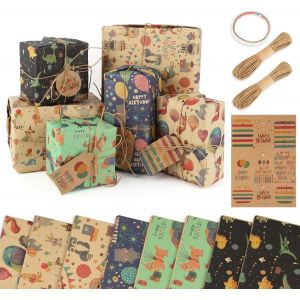 Tianyi-8 Feuilles Papier Cadeau, 70 X 50 Cm Papier Cadeau Enfant Kraft De Style Dessin Anim&eacute;, Avec Ruban Adh&eacute;sif Double Face, 20 M Ficelle, Autocollants, Papier Cadeau Rouleau Pour Emballage Cadeau. - Neuf