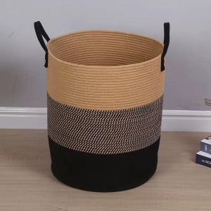 MEVRONISSHOP-Grand panier &agrave; linge en corde de coton - Capacit&eacute; : 63 l - 50 x 40 cm - Blanc/beige - Avec poign&eacute;es en cuir (KZH) - Neuf