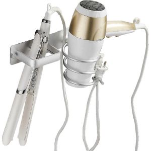 Support de sèche-cheveux,support de lisseur de cheveux avec range-câble,support mural en métal pour ranger le sèche-cheveux,le lisseur,les brosses à cheveux et plus encore (Whit - Neuf