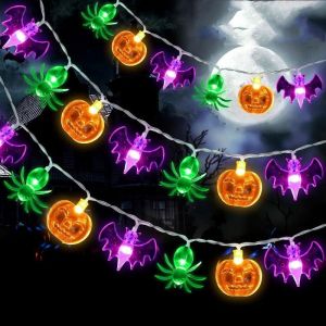 JGD-Lumi&egrave;res d'Halloween 3 m 20 LED pour d&eacute;coration d'ext&eacute;rieur, 3D citrouille, chauve-souris, araign&eacute;e, guirlande lumineuse &agrave; piles, 2 modes, d&eacute;corations d'Halloween, d&eacute;coration d'int&eacute;rieur et - Neuf