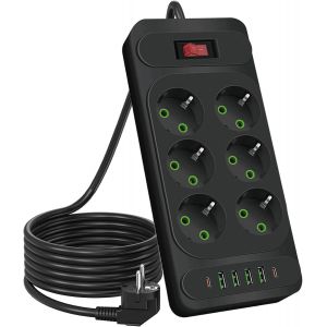 Eu Electric Power Strip (10A/2500W) 10 Sockets With 4 Usb Ports + 2 Usb C Ports For Charging Wall Mount, Extension Cable 1.8 M (6Ac With 4Usb A And 2Usb C) - Neuf