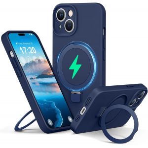 Maa-Liquid Silicone Coque Pour Iphone 15 With Magnetic Ring Stand, Upgraded Camera Protection Mil-Grade Drop Shockproof Soft Anti-Scratch Microfiber Lining Silicone Coque(Bleu Marine) - Neuf
