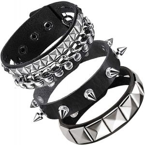Kal-Bracelet Punk En Cuir Noir Pour Homme Et Femme - Accessoire Steampunk Réglable Avec Rivets, Punk Rock Bracelet, Style Gothique Hip Hop Rock, Accessoires Steampunk Des Années 80, 20-22cm - Neuf