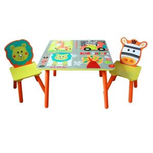 GINGER HOME Table et 2 Chaises Enfant &iquest; Ensemble en Bois, Design Safari &iquest; Jeu, Dessin, Repas, Apprentissage - Neuf