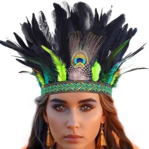 Kal-Serre-Tête Bibi Décoratif Avec Plumes De Paon, Accessoire Hippie, Tribal, Festival, Bandeau Pour Femme - Neuf