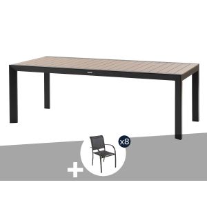 Table De Jardin Rectangulaire Alu Evasion 8 Places Effet Bois Honey Graphite + 8 Fauteuils Piazza - Hesp&eacute;ride - Neuf