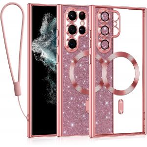 LORANKA-Glitter Magn&eacute;tique pour Samsung Galaxy S22 Ultra 5G Con Cordon, [Compatible avec MagSafe] Antichoc Brillant Paillet&eacute; Housse Transparent Souple Couqe pour Samsung S22 Ultra Bumper &Eacute;tui, Rose - Neuf