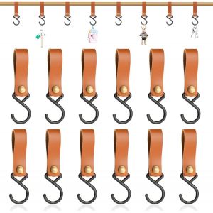 12 Pièces Crochet en S en Cuir Multifonction Crochet Salle de Bain Cuisine Crochet S pour Accrocher Camping Poussette Manteau Serviette Porte Ustensiles Extérieur (Marron) - Neuf