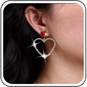 Kal-Boucles D'oreilles Pendantes En Forme De Coeur Strass Boucles D'oreilles &Agrave; Tige Forme Coeur Rubis Rouge Boucles D'oreilles Pendantes Forme Coeur Creux Cristal Bijoux Pour Femmes Et Filles (Or) - Neuf