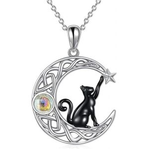 Collier Pendentif Chat Collier Argent 925 Femme Pendentif Lune Pendentif Chat Collier Bijou Femme Cadeaux Pour Maman, Épouse, Petite Amie - Neuf
