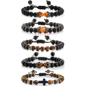 Kal-5pcs Pierre Naturelle Bracelet Turquoise Bead Elastique Bracelet Oeil De Tigre Perles Bracelet Pierre De Lave Bracelet Pour Hommes Kits Bracelet Couronne Pierre Naturelle Femme - Neuf