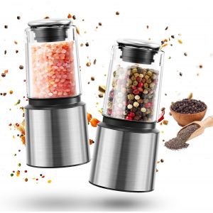 MEVRONISSHOP-Moulin a Poivre, Manuel Salieres et Poivrieres 60 ml avec Broyeur en C&eacute;ramique, Couvercle Herm&eacute;tique et Corps en Plastique, Court Moulin a Sel en Acier Inoxydable Argent, Lot de 2 - Neuf